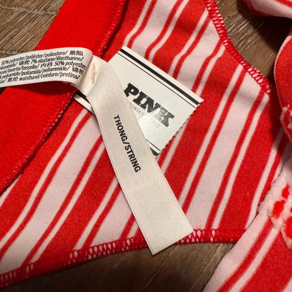 Victoria's Secret Panty Size M Thong String Red Festive Stripe Print Brazilian